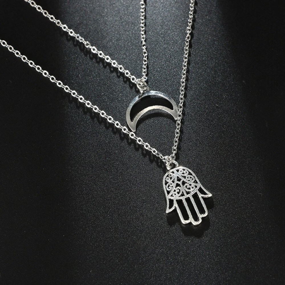 Silver Hamsa Moon Layered Dainty Necklace